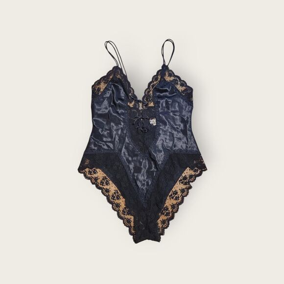 Vintage 90s Victoria's Secret gold label black lace tie front detail bodysuit - Picture 1 of 4